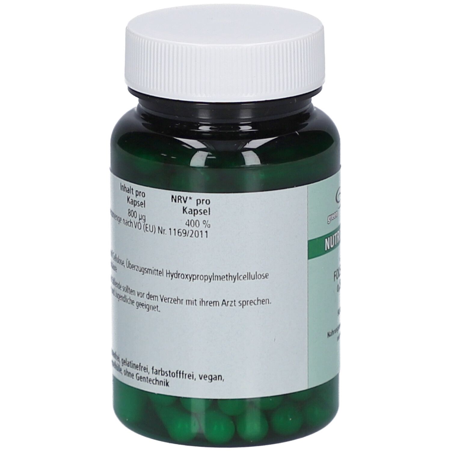 Rückseite einer grünen Plastikflasche mit weißen Aufschriften. Enthält Informationen zu Inhaltsstoffen und Nährwertangaben.