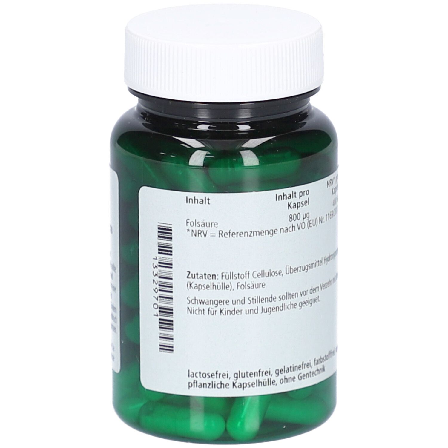 Rückseite einer grünen Plastikflasche mit weißen Aufschriften. Enthält Informationen zu Inhaltsstoffen und Warnhinweisen.