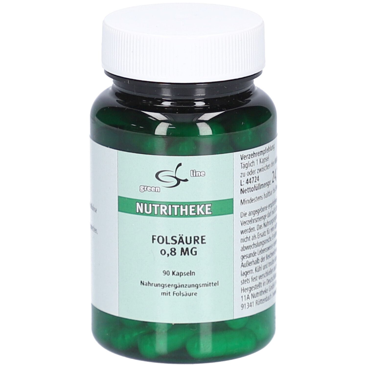 Grüne Kapseln in einer grünen Plastikflasche mit weißem Deckel. Aufschrift: Green Line, Nutritheke, Folsäure 0,8 mg.