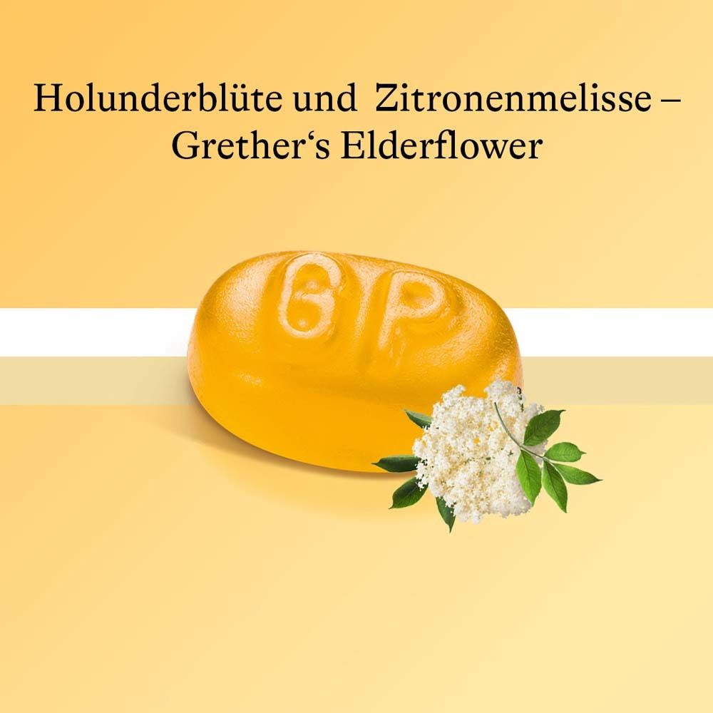 Gelbe Pastille mit Prägung 'GTP'. Text: Holunderblüte und Zitronenmelisse - Grether's Elderflower. Hintergrund gelb.