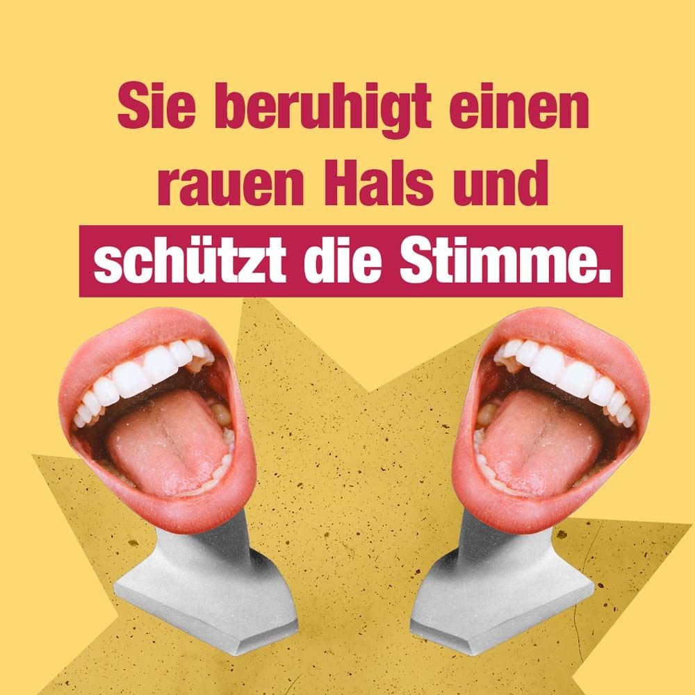 Collage mit zwei Mündern. Text: Sie beruhigt einen rauen Hals und schützt die Stimme. Gelber Hintergrund.