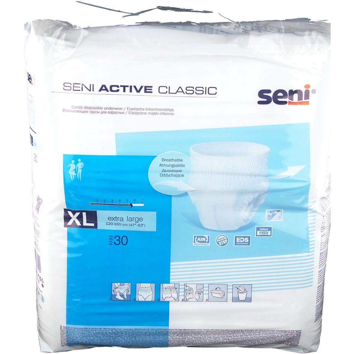 Verpackung Seni Active Classic, XL, 30 Stück. Windelhose mit blauer Grafik. Logo Seni rechts oben.