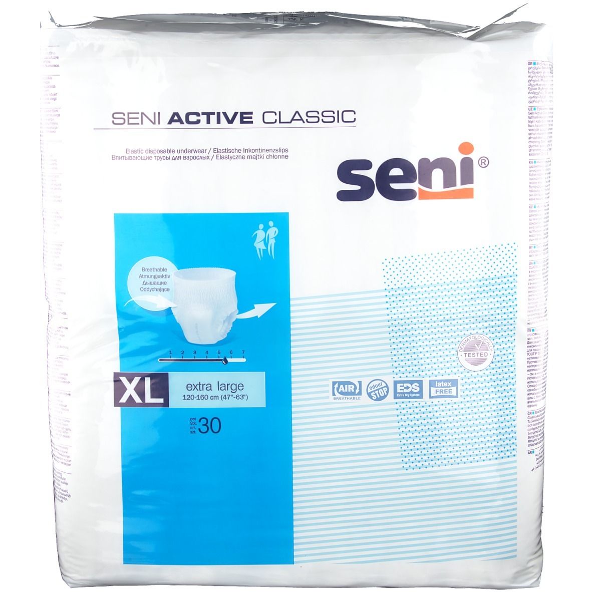 Verpackung Seni Active Classic, XL, 30 Stück. Windelhose mit blauer Grafik. Logo Seni rechts oben.