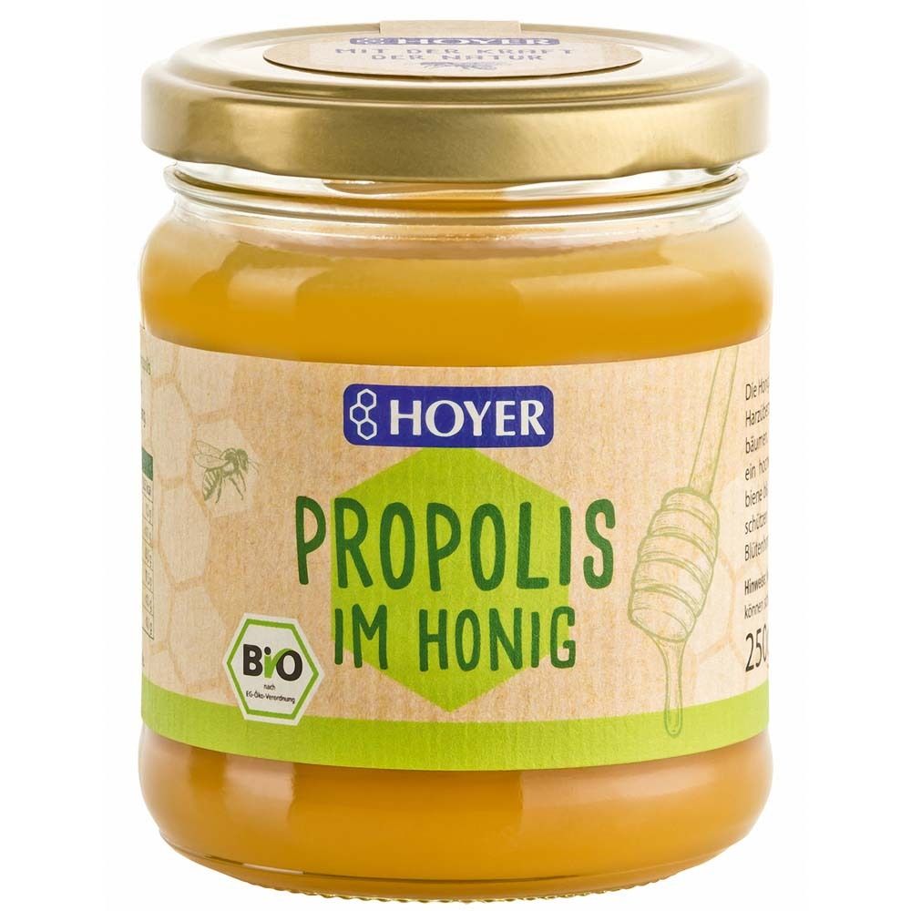 Glas mit Honig und Propolis. Aufschrift: HOYER Propolis im Honig. Bio-Siegel. Goldener Deckel.