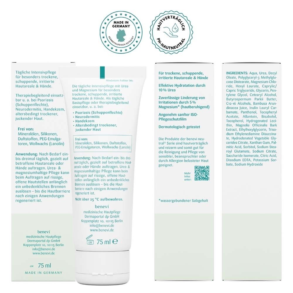 Produktabbildung und Verpackung. Text: Tägliche Intensivpflege für besonders trockene, irritierte Hautareale & Hände. 75 ml.