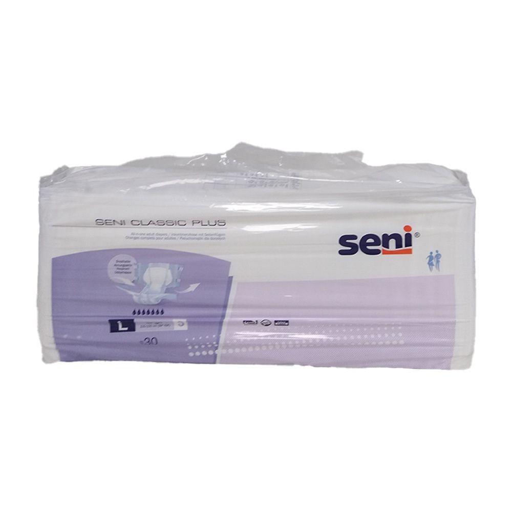 Verpackung Seni Classic Plus Inkontinenzhose. Größe L, 30 Stück. Sichtbare Marke Seni und Produktname.