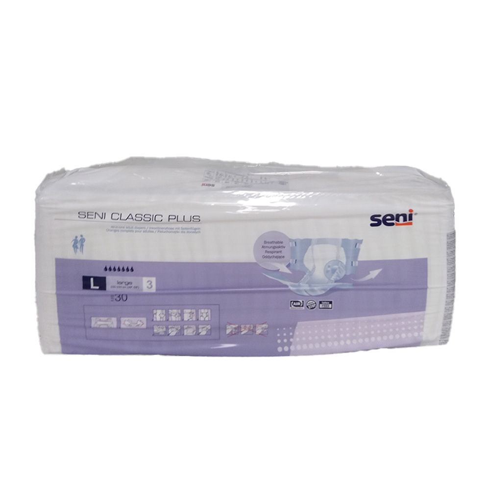 Verpackung Seni Classic Plus Inkontinenzhose. Größe L, 30 Stück. Seni-Logo und Produktname.