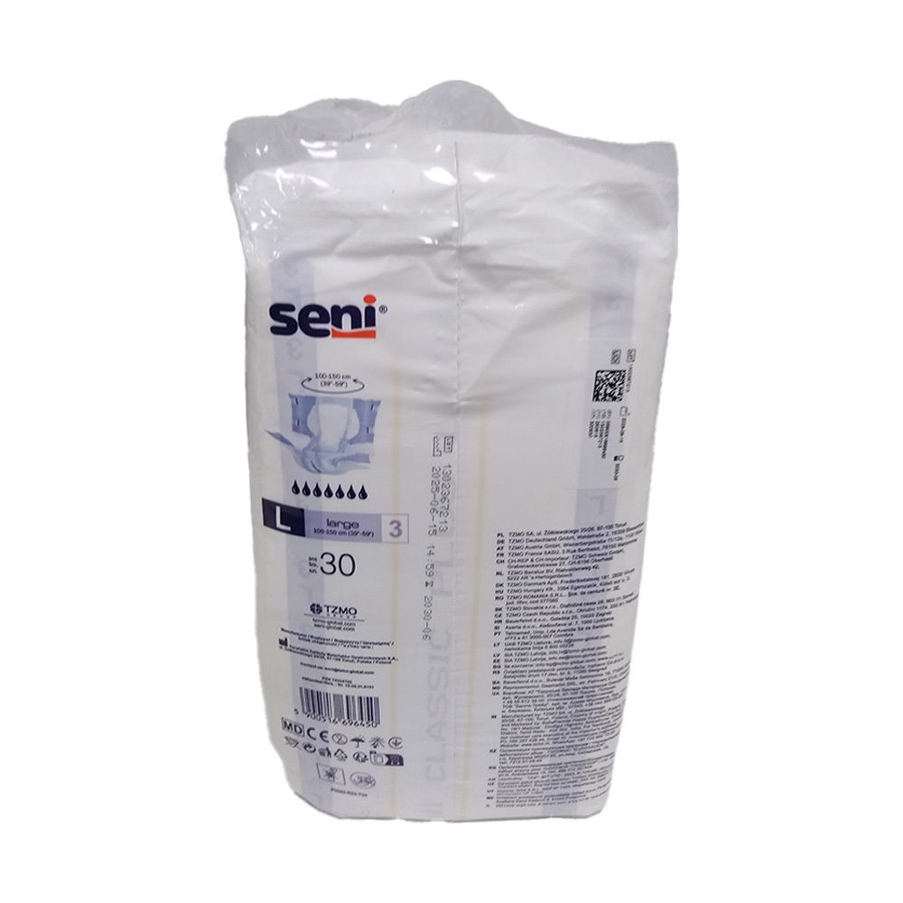 Rückseite der Verpackung Seni Classic Plus Inkontinenzhose. Größe L, 30 Stück. Seni-Logo und Text.
