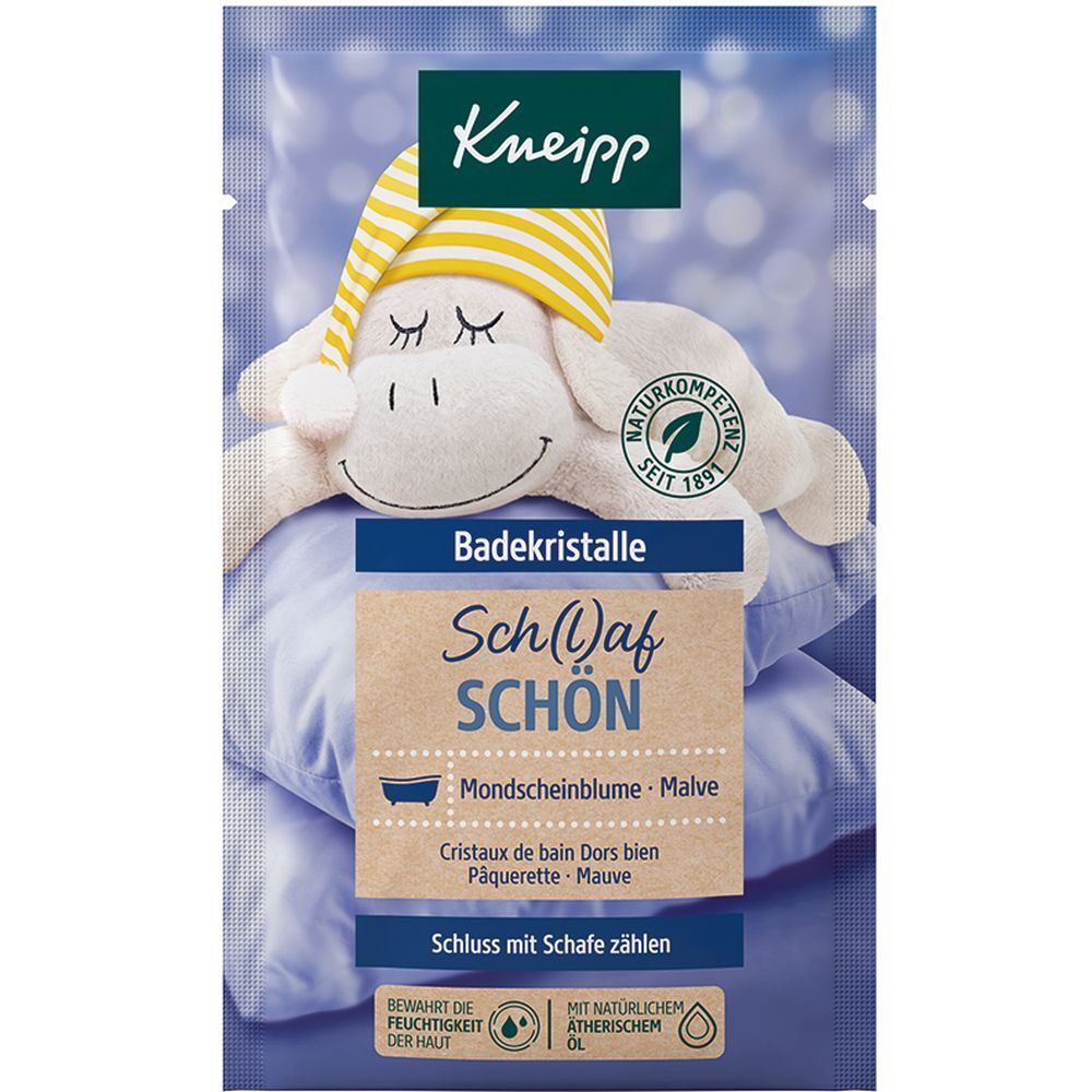 Kneipp® Badekristalle Sch(l)af schön. Blaue Verpackung mit Schaf-Illustration. Produktname und Inhaltsstoffe aufgedruckt.