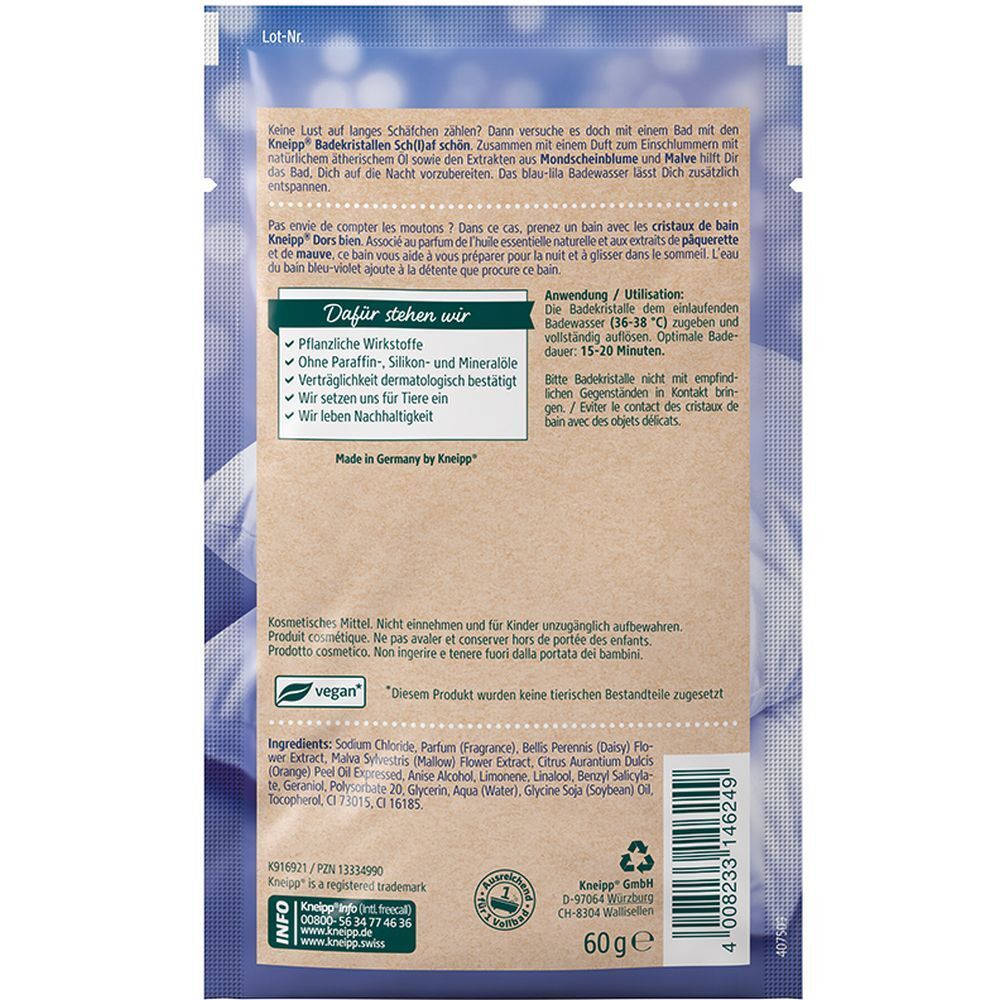 Rückseite der Kneipp® Badekristalle Sch(l)af schön Verpackung. Text in Deutsch und Französisch. Inhaltsstoffe und Vegan-Siegel.