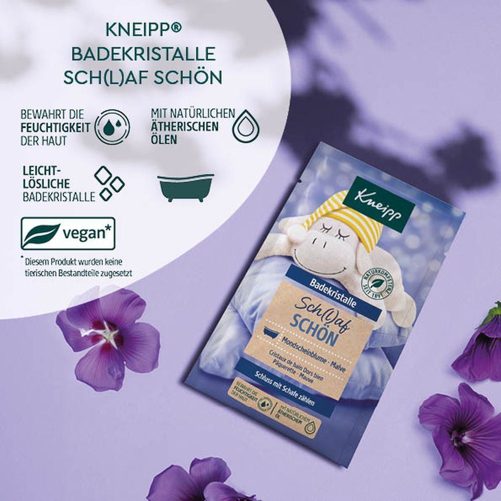 Kneipp® Badekristalle Sch(l)af schön. Produktverpackung mit Illustrationen. Vegan-Siegel. Natürliche ätherische Öle.