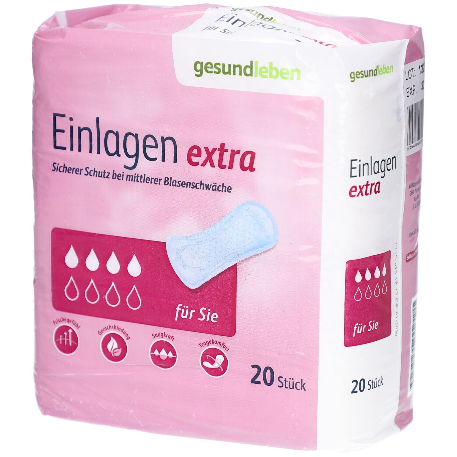 Rosa Verpackung mit Einlagen extra. Logo gesund leben. 20 Stück. Produktabbildung und Tropfensymbol.