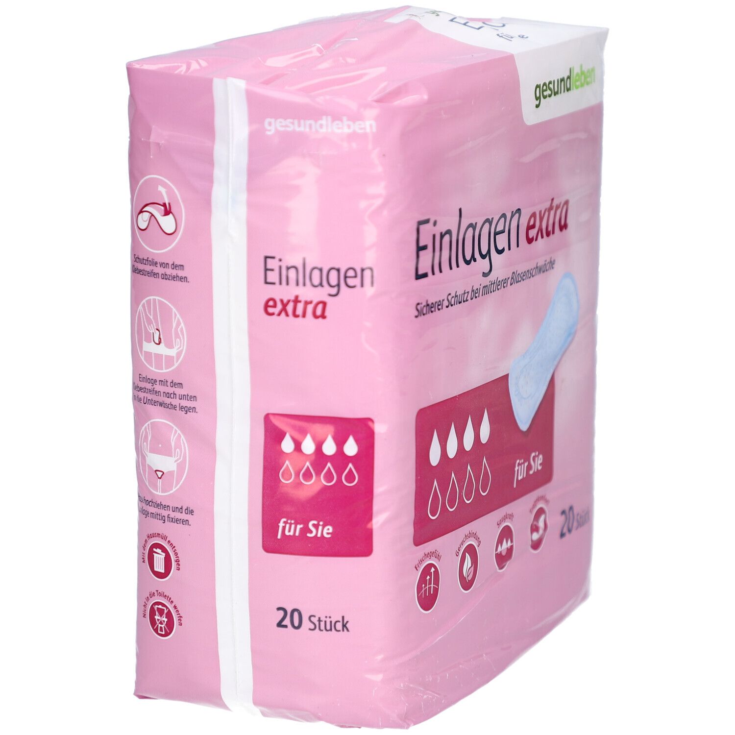 Rosa Verpackung mit Einlagen extra. Logo gesund leben. 20 Stück. Produktabbildung und Piktogramme.