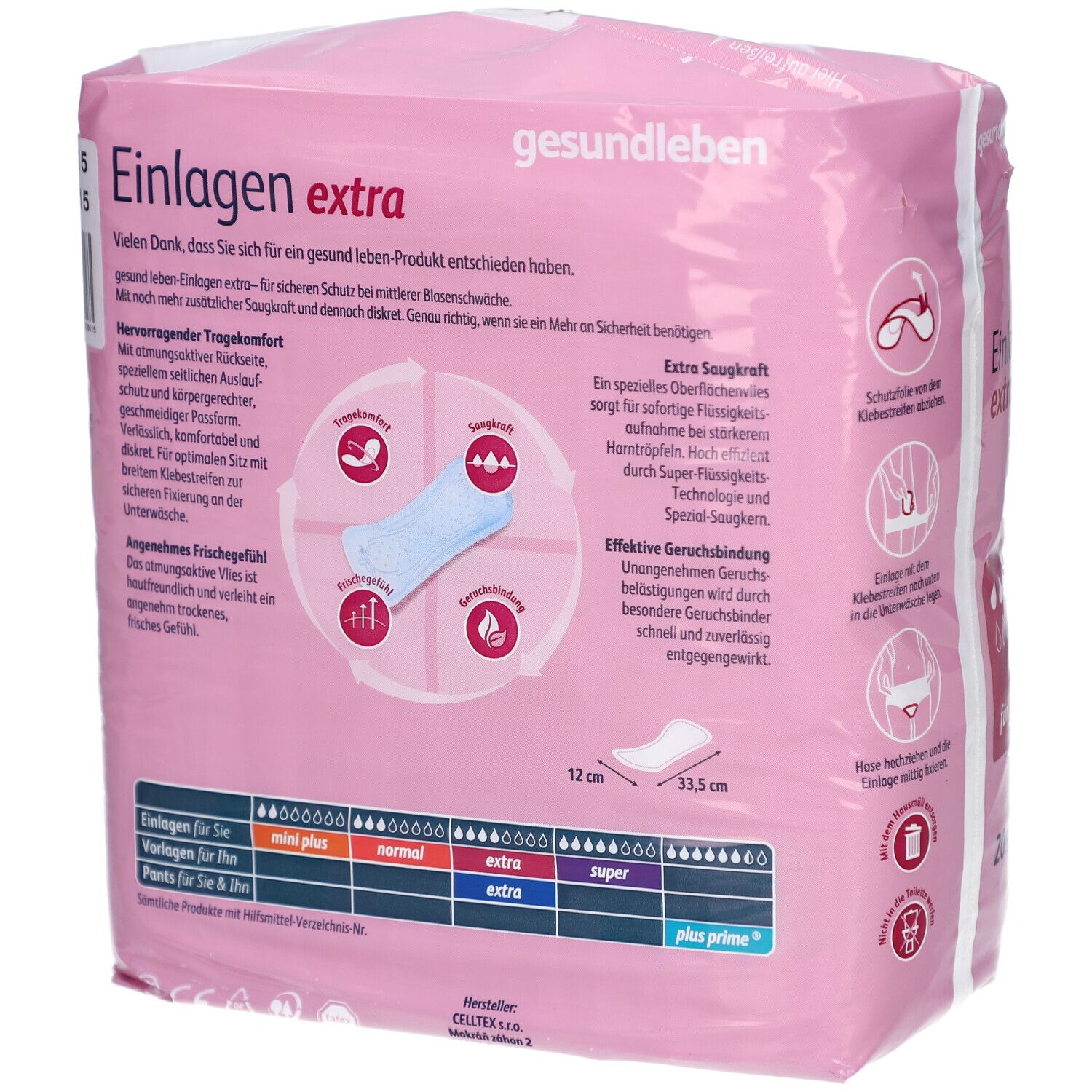 Rosa Verpackung mit Einlagen extra. Logo gesund leben. Produktabbildung. Größenangaben. Text und Piktogramme.