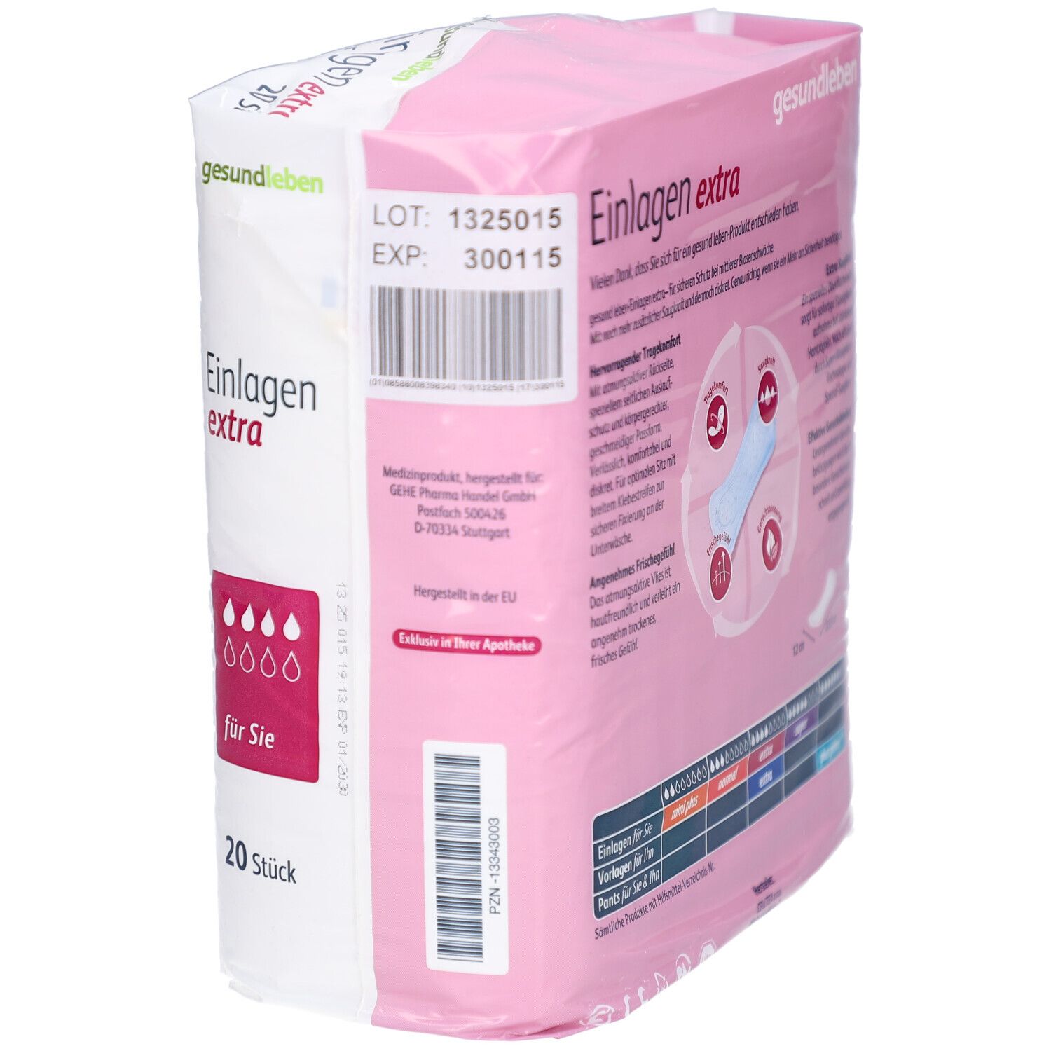 Rosa Verpackung mit Einlagen extra. Logo gesund leben. 20 Stück. Produktabbildung. Text und Chargennummer.