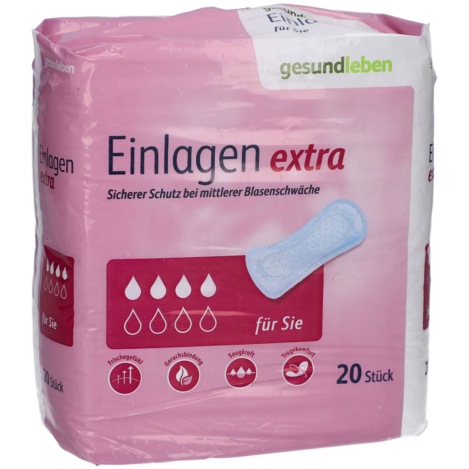 Rosa Verpackung mit Einlagen extra. Logo gesund leben. 20 Stück. Produktabbildung und Piktogramme.