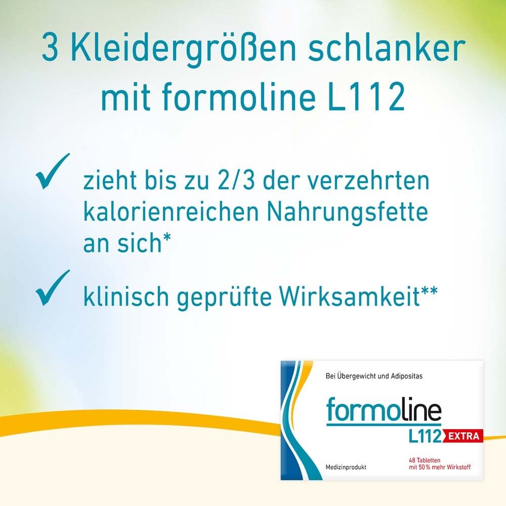 Grafik mit Text: 3 Kleidergrößen schlanker mit formoline L112. Produkt: formoline L112 EXTRA.