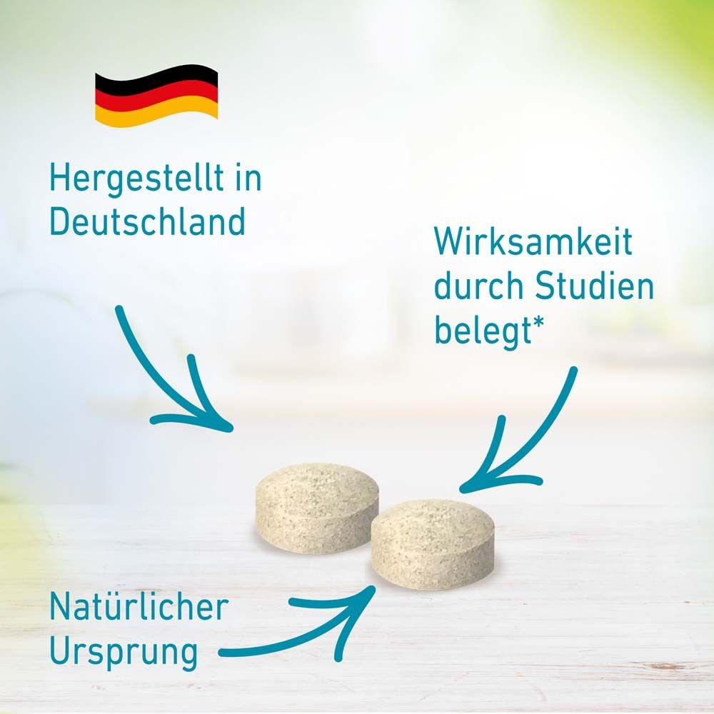 Zwei Tabletten, Pfeile zeigen auf: Natürlicher Ursprung, Wirksamkeit durch Studien belegt, Hergestellt in Deutschland.