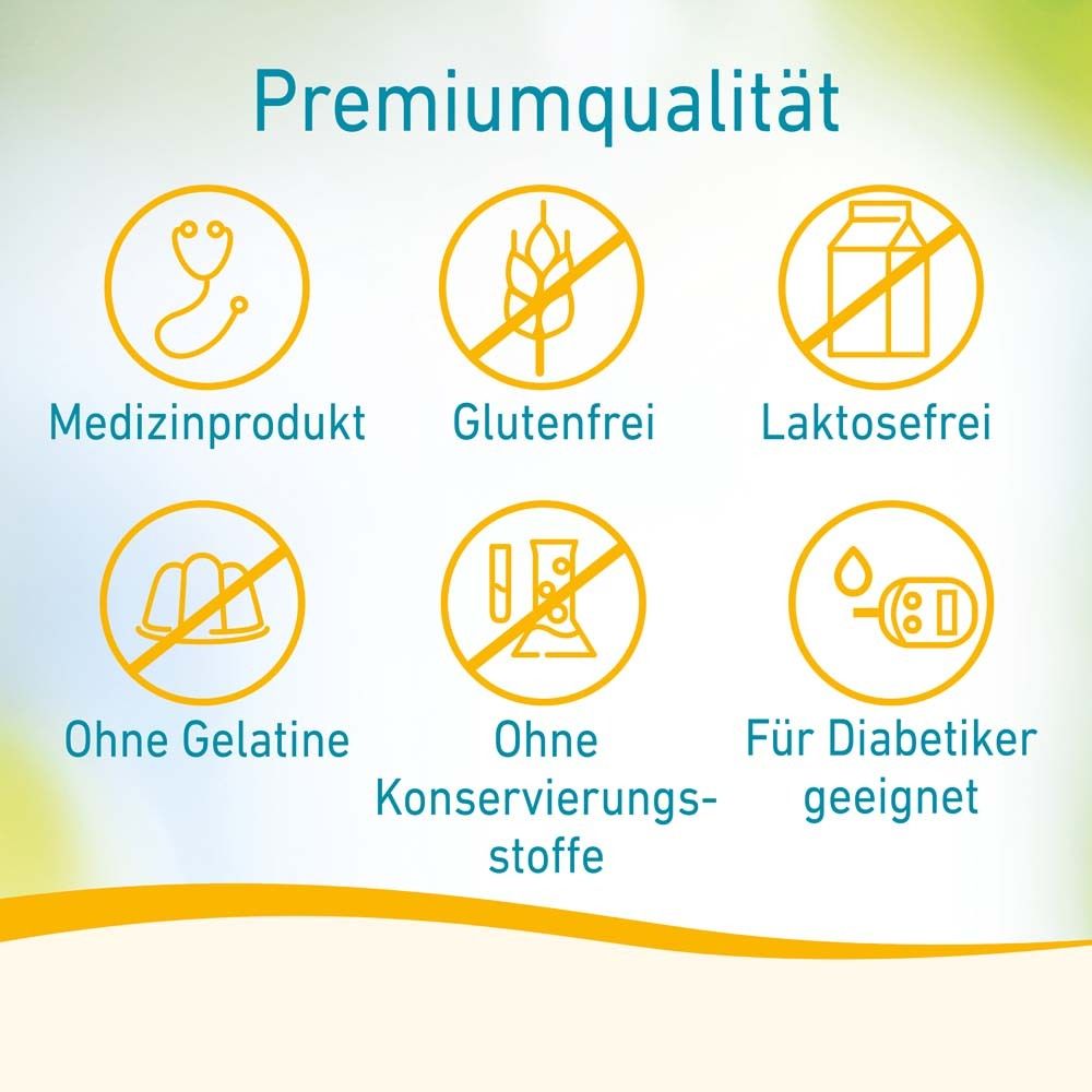 Grafik mit Symbolen: Medizinprodukt, glutenfrei, laktosefrei, ohne Gelatine, ohne Konservierungsstoffe, für Diabetiker.