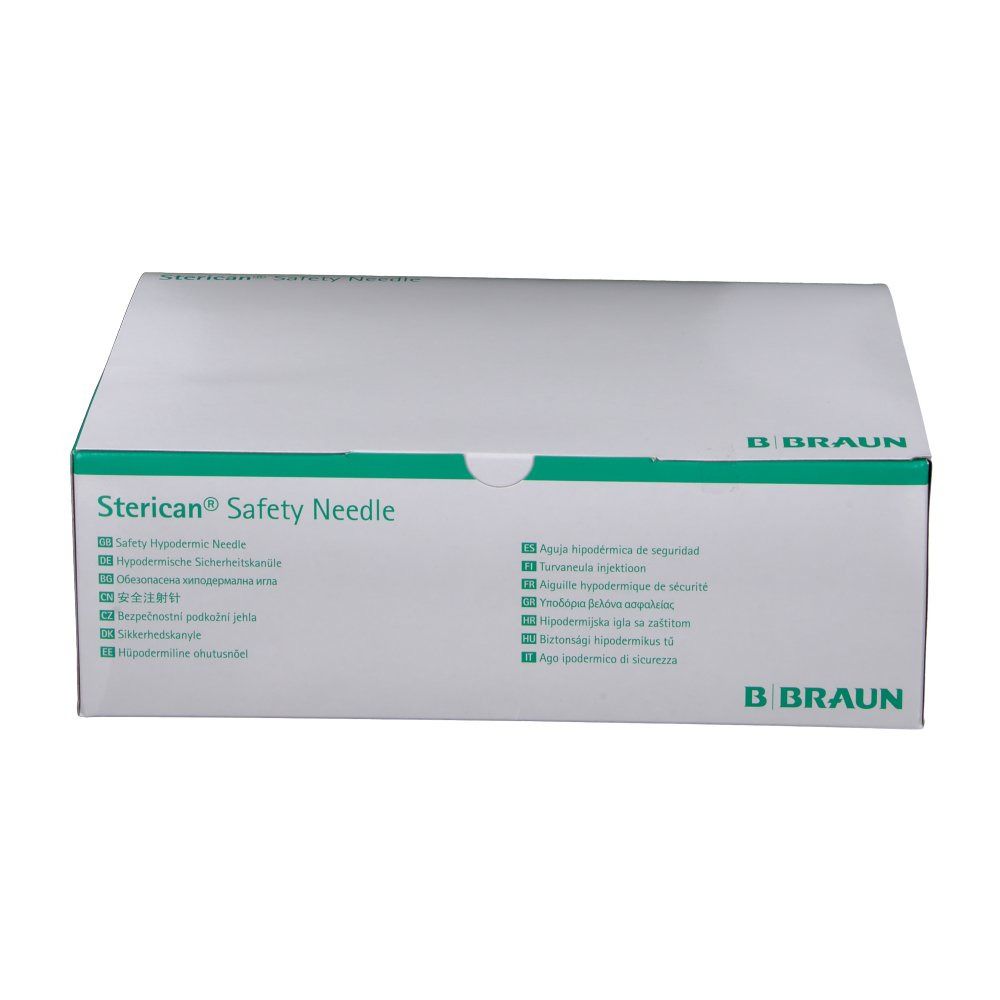 Verpackung mit "Sterican Safety Needle" und "B Braun" Logo. Weißer Karton mit grünen Akzenten und mehrsprachiger Beschriftung.