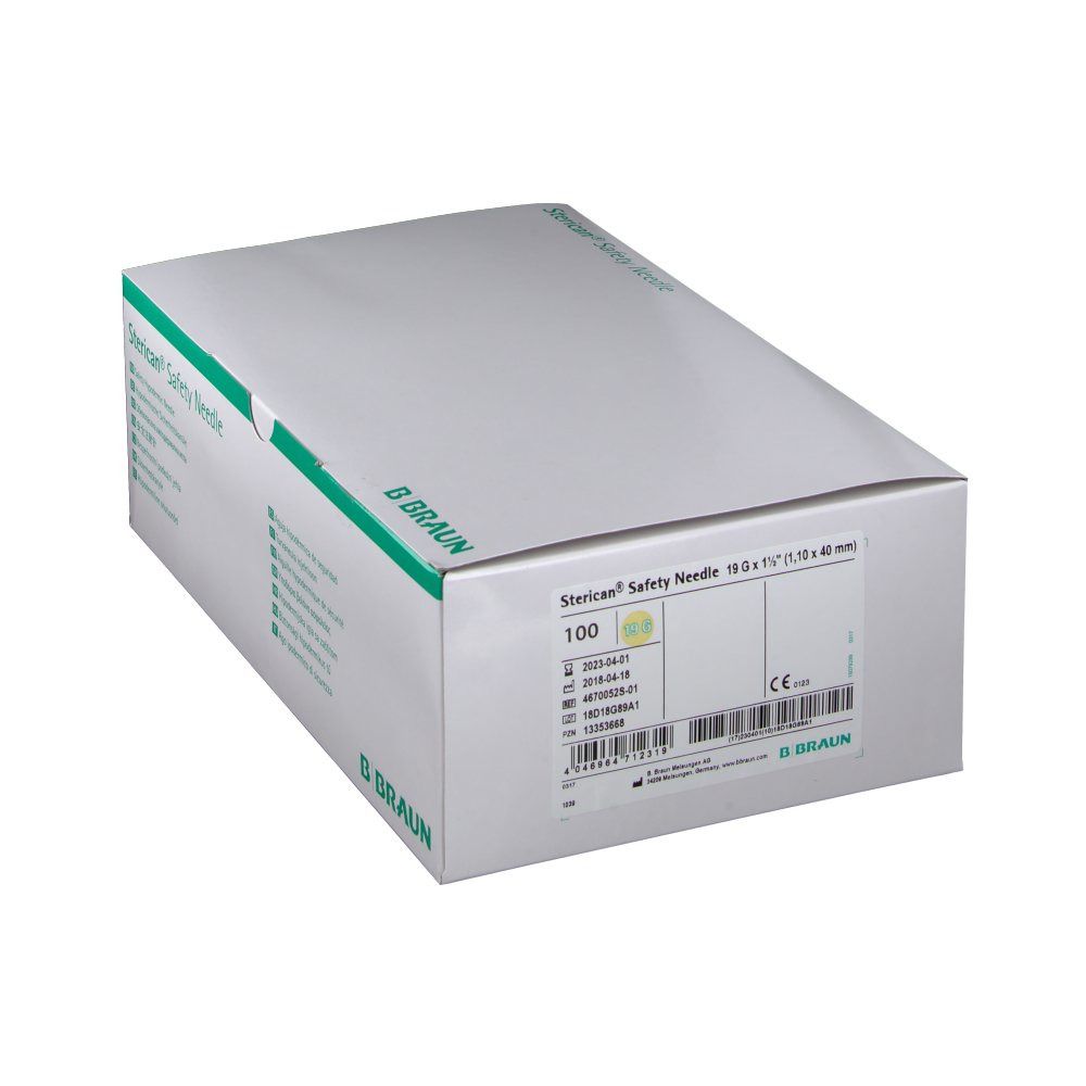 Karton "Sterican Safety Needle" mit "B Braun" Logo. Enthält 100 Nadeln. Weiße Verpackung mit grünen Akzenten und Produktinformationen.