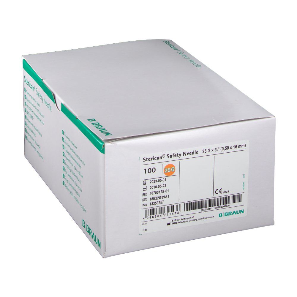Verpackung von Sterican® Safety Needle. Weißer Karton mit grünen Akzenten. Produktinformationen und B. Braun Logo.