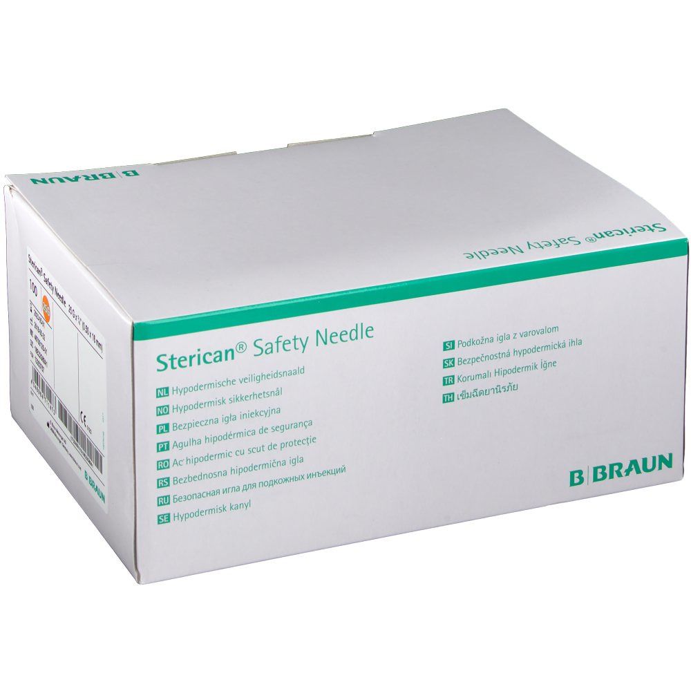 Verpackung von Sterican® Safety Needle. Weißer Karton mit grünen Akzenten und mehrsprachiger Beschriftung. B. Braun Logo.