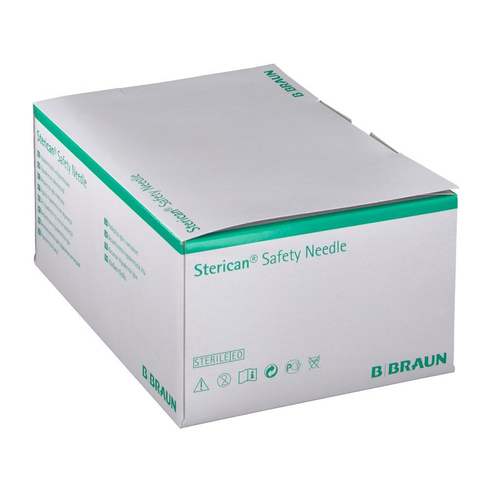 Verpackung von Sterican® Safety Needle. Weißer Karton mit grünen Akzenten. B. Braun Logo und Sicherheitskennzeichnungen.