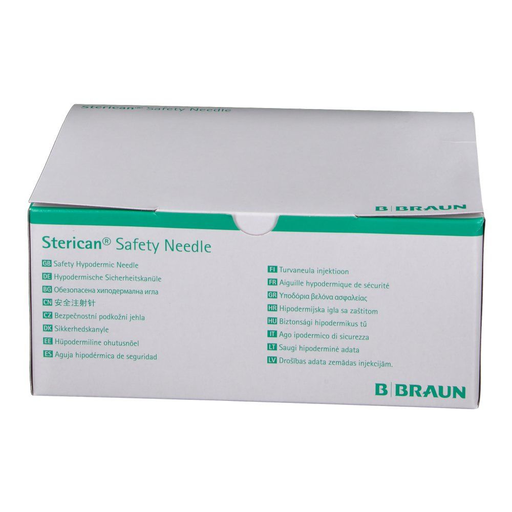 Verpackung von Sterican® Safety Needle. Weißer Karton mit grünen Akzenten und mehrsprachiger Beschriftung. B. Braun Logo.