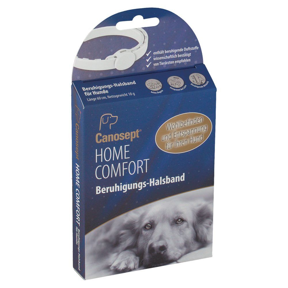 Blau-weiße Produktverpackung mit Halsband-Abbildung. Text: CANOSEPT HOME COMFORT Beruhigungs-Halsband für Hunde. Abbildung eines Hundes.