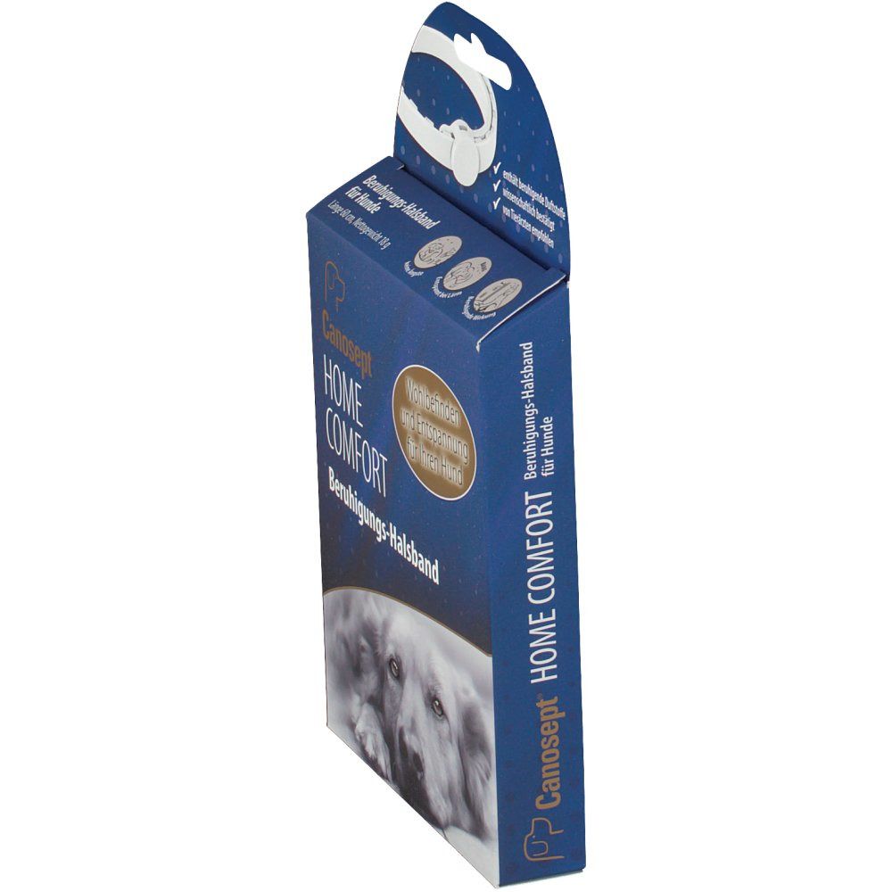 Blaue Produktverpackung, Seitenansicht. Text: CANOSEPT HOME COMFORT Beruhigungs-Halsband für Hunde. Halsband-Abbildung oben.