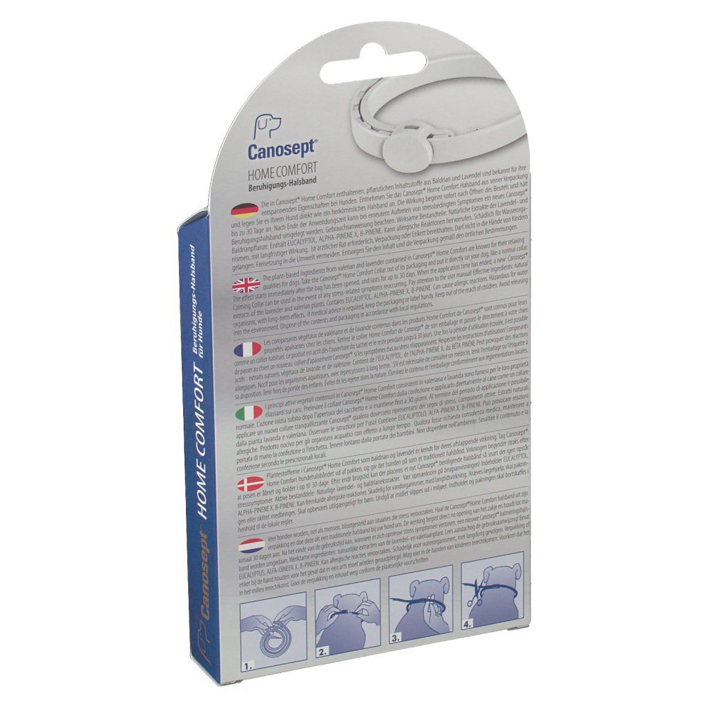 Rückseite der Produktverpackung. Text in mehreren Sprachen. Abbildungen zur Anwendung des Halsbands.