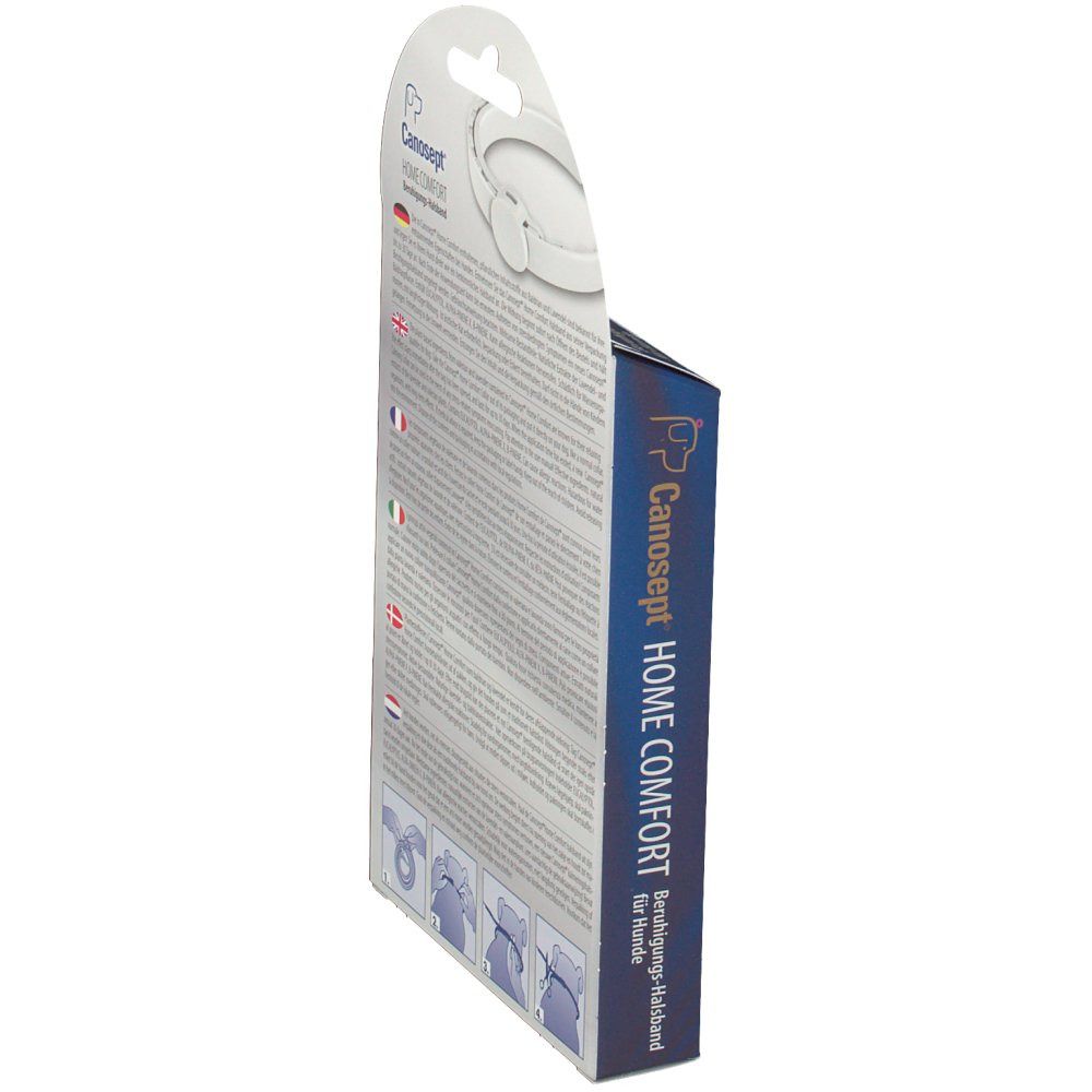 Seitenansicht der Produktverpackung. Text: CANOSEPT HOME COMFORT Beruhigungs-Halsband für Hunde. Text in mehreren Sprachen.