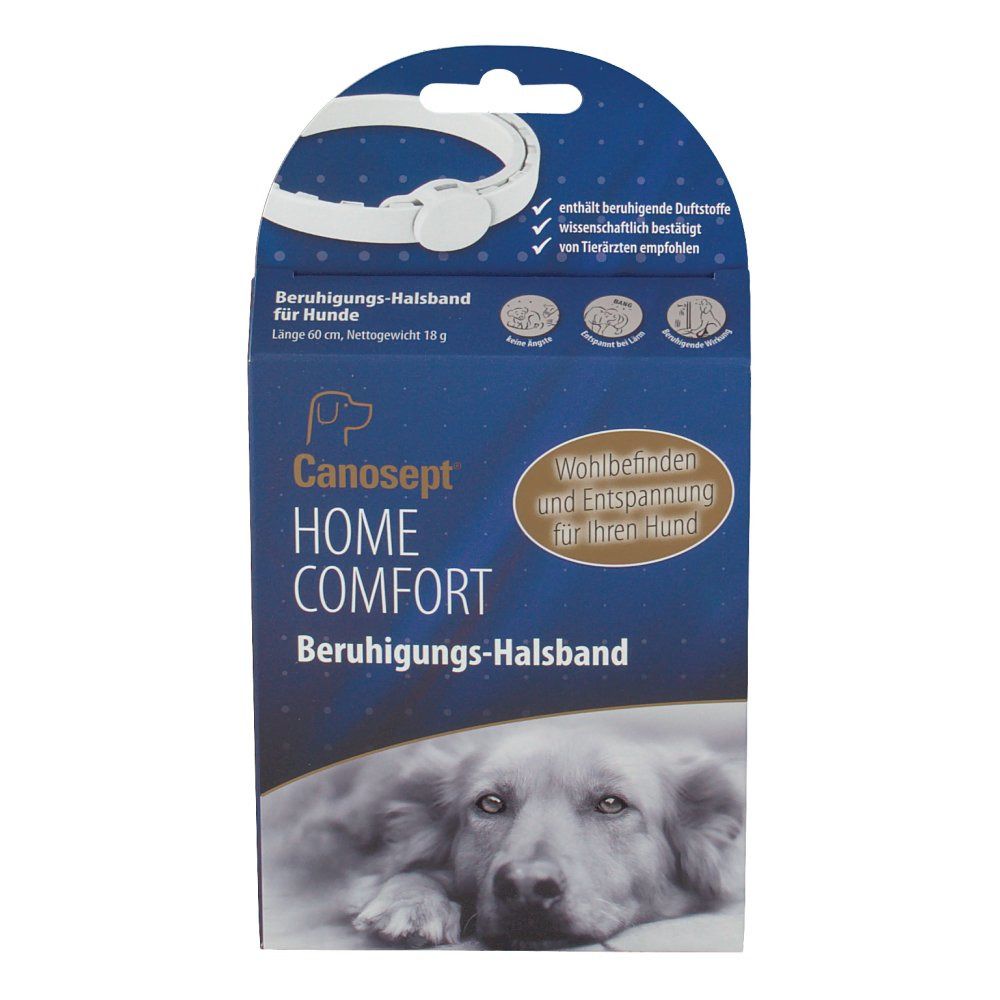 Produktverpackung mit Halsband-Abbildung. Text: CANOSEPT HOME COMFORT Beruhigungs-Halsband für Hunde. Abbildung eines Hundes.
