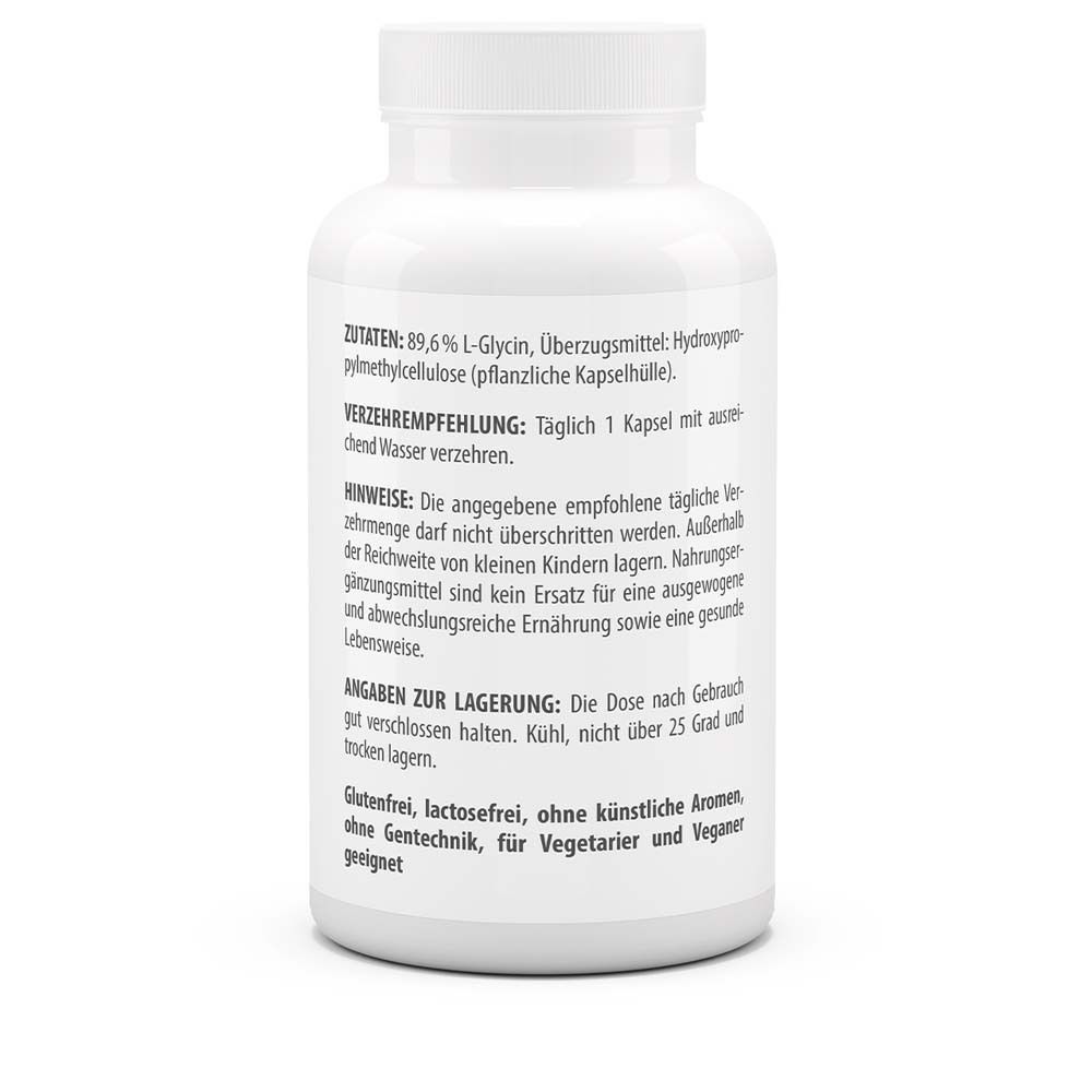 Rückseite der weißen Flasche. Angaben zu Inhaltsstoffen, Verzehrempfehlung, Hinweise und Lagerung. Glutenfrei, laktosefrei.