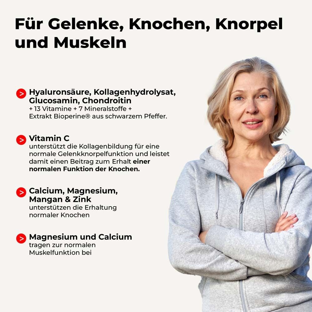 Frau mit Text: Für Gelenke, Knochen, Knorpel und Muskeln. Inhaltsstoffe: Hyaluronsäure, Vitamin C, Calcium, Magnesium.