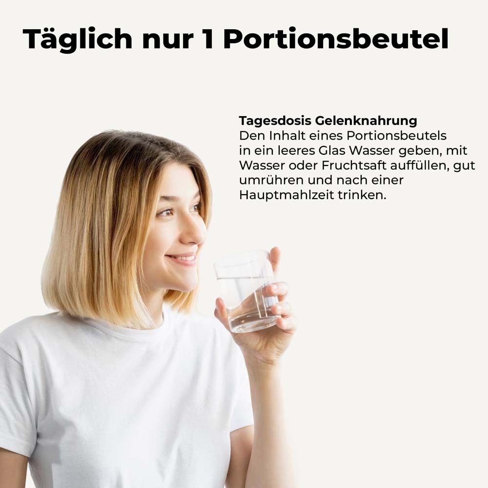 Frau hält Glas Wasser. Text: Täglich nur 1 Portionsbeutel. Tagesdosis in Wasser oder Saft mischen.