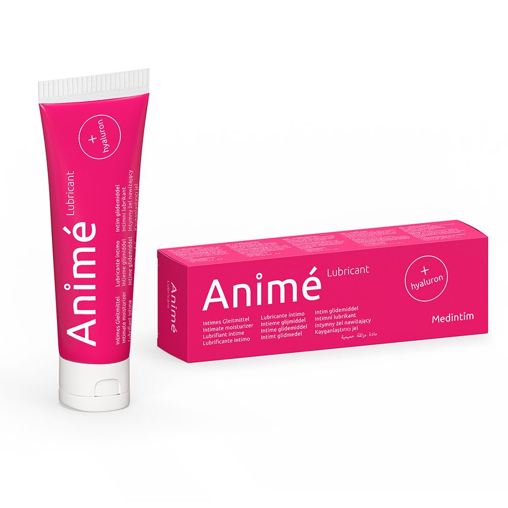 Rosa Tube und Schachtel. Aufschrift: Animé Lubricant, + Hyaluron. Medintim. Produkt für Intim-Bereich.