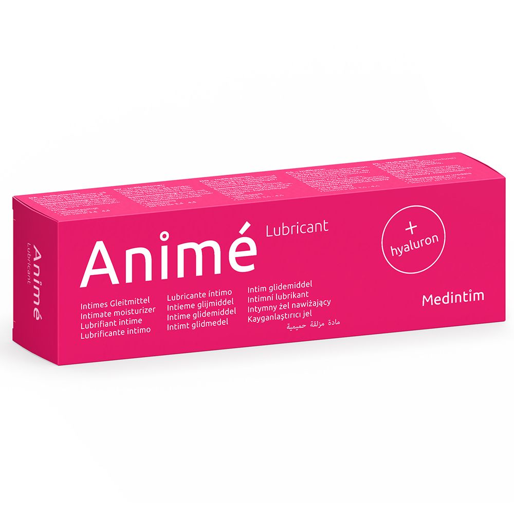 Rosa Schachtel. Aufschrift: Animé Lubricant, + Hyaluron. Medintim. Produkt für Intim-Bereich. Mehrsprachige Beschriftung.
