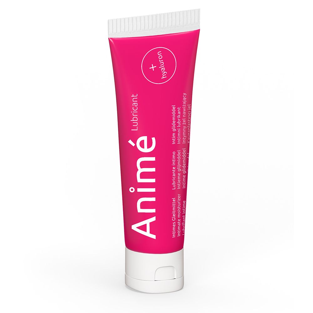 Rosa Tube. Aufschrift: Animé Lubricant, + Hyaluron. Produkt für Intim-Bereich. Weiße Kappe.