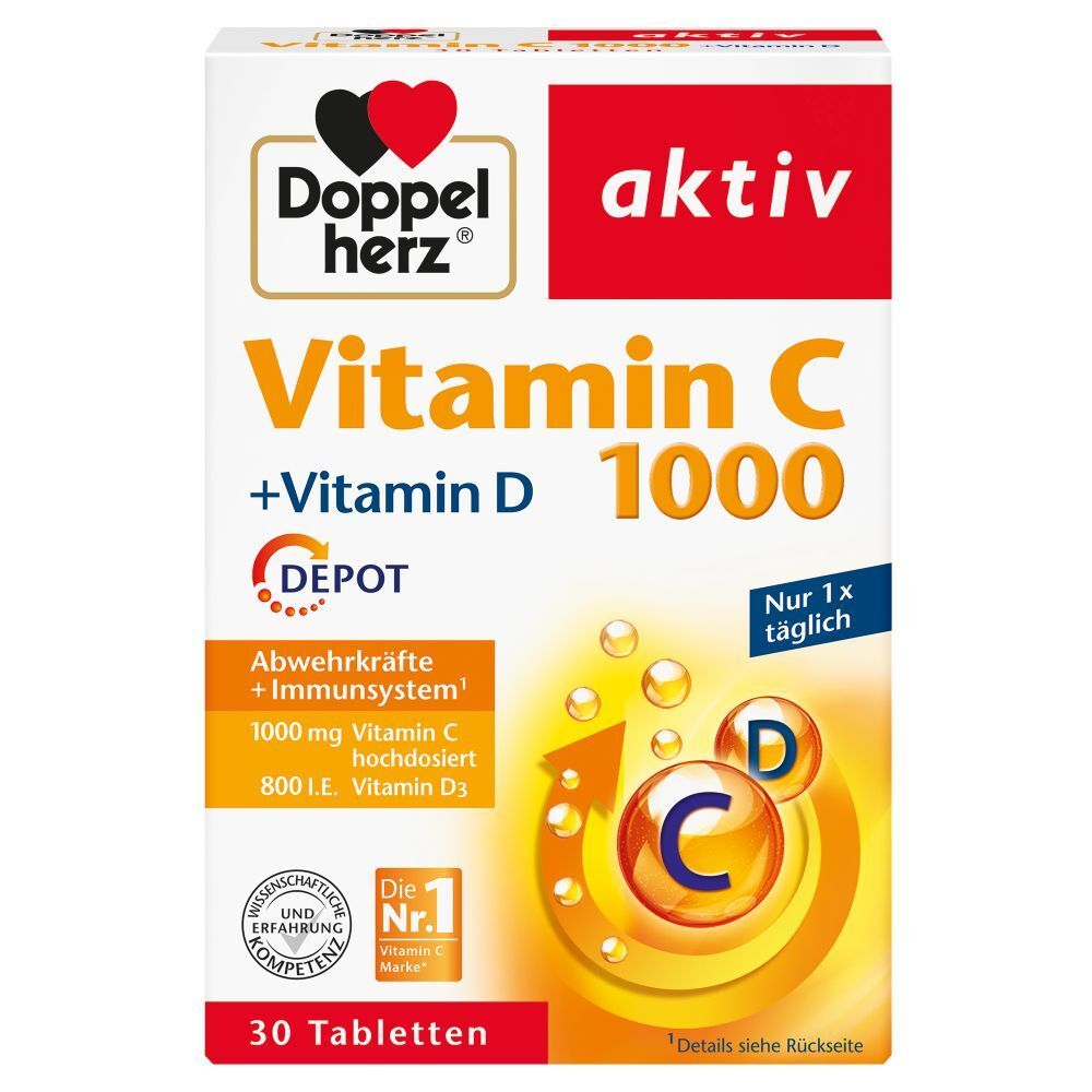 Verpackung von Vitamin C 1000 + Vitamin D DEPOT. Enthält 30 Tabletten. Marke: Doppelherz aktiv.