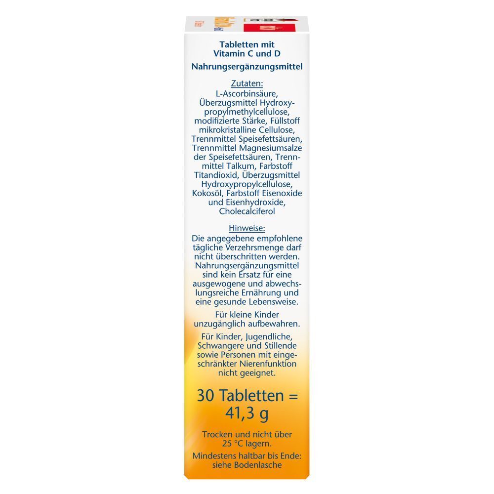 Seite der Verpackung von Vitamin C 1000 + Vitamin D DEPOT. Enthält Zutaten und Warnhinweise.