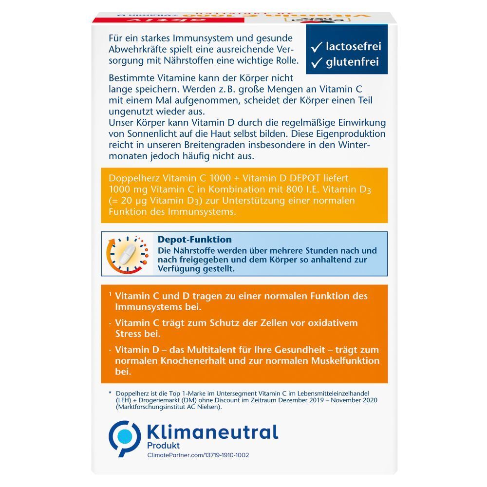 Seite der Verpackung von Vitamin C 1000 + Vitamin D DEPOT. Enthält Informationen zur Wirkung.