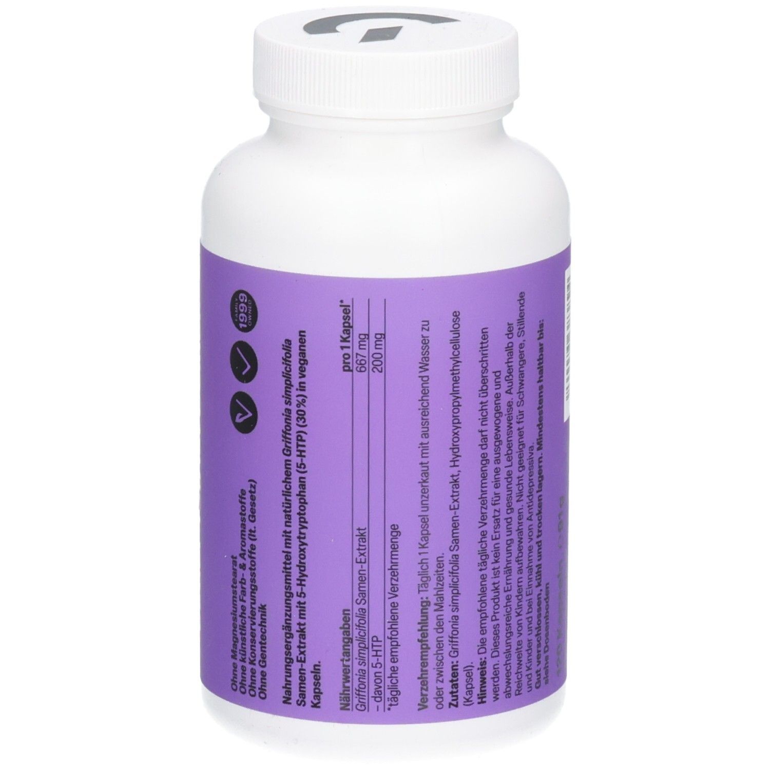 Weiße Flasche mit lila Etikett. Nährwertangaben und Zutaten. Vegan. Zein Pharma. Informationen auf dem Etikett.