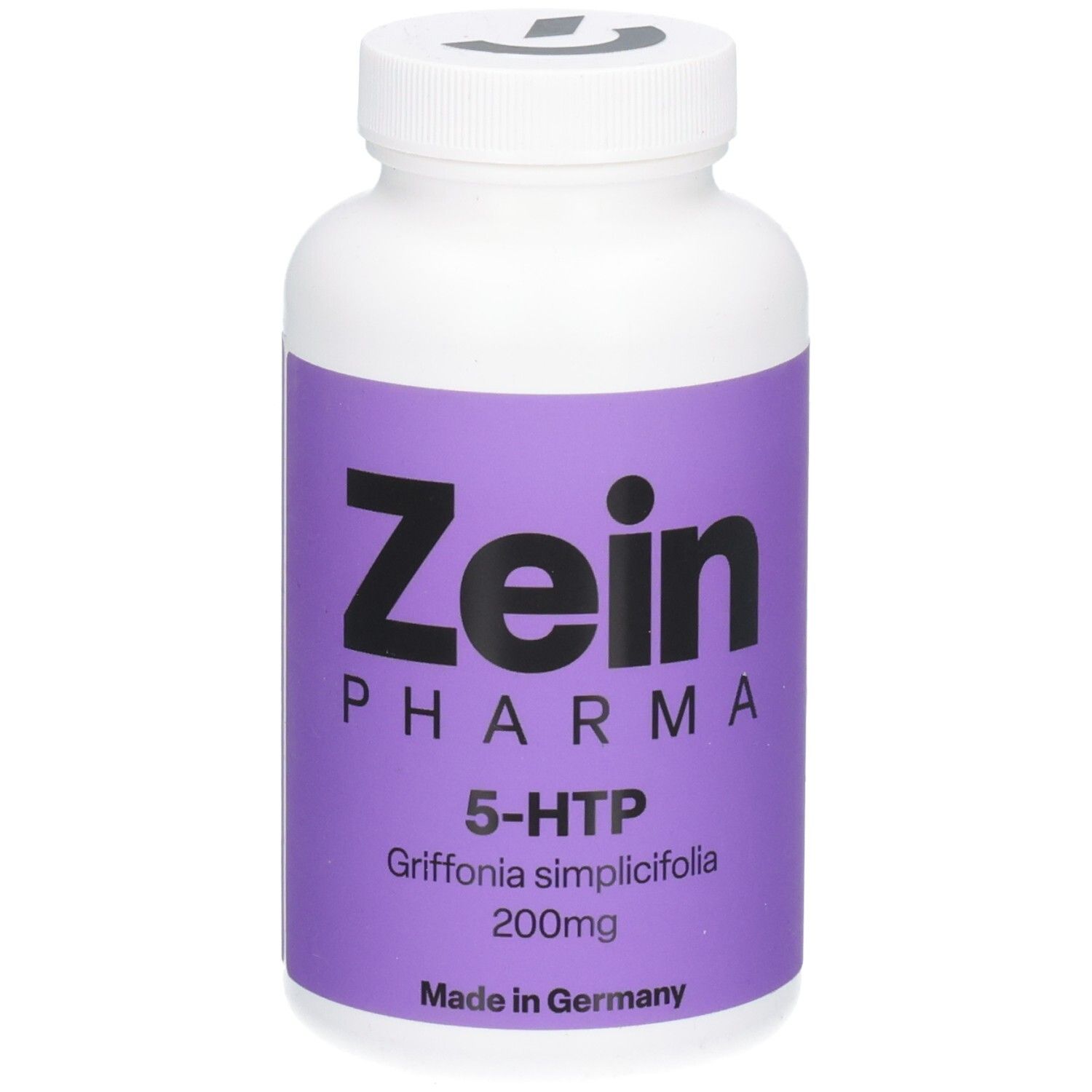 Weiße Flasche mit lila Etikett. Zein Pharma, 5-HTP, Griffonia simplicifolia, 200mg. Hergestellt in Deutschland.
