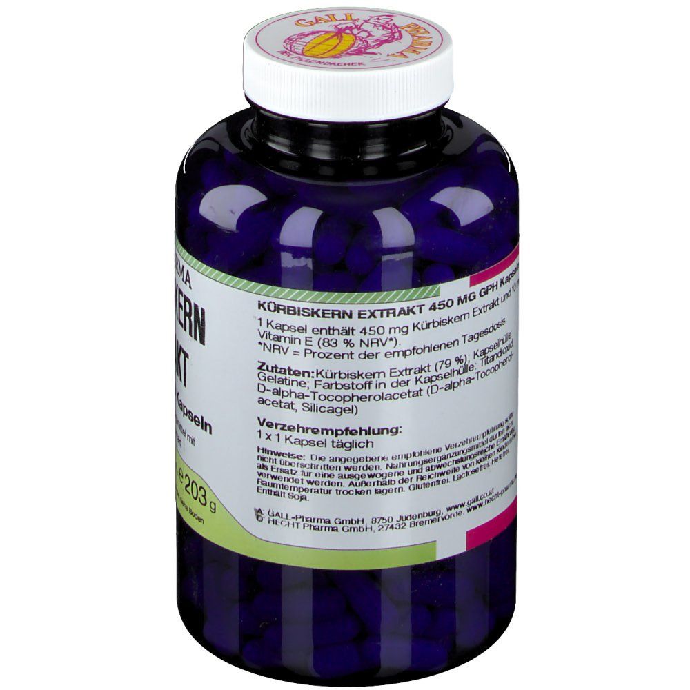 Blaue Flasche mit weißem Deckel. Etikett mit Inhaltsangaben und Zutaten. Text: Kürbiskern Extrakt, 450 mg GPH Kapseln.