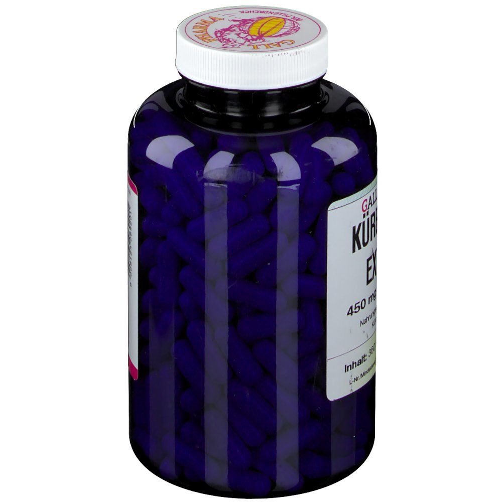 Blaue Flasche mit weißem Deckel. Etikett mit Inhaltsangaben und Zutaten. Text: Kürbiskern Extrakt, 450 mg GPH Kapseln.