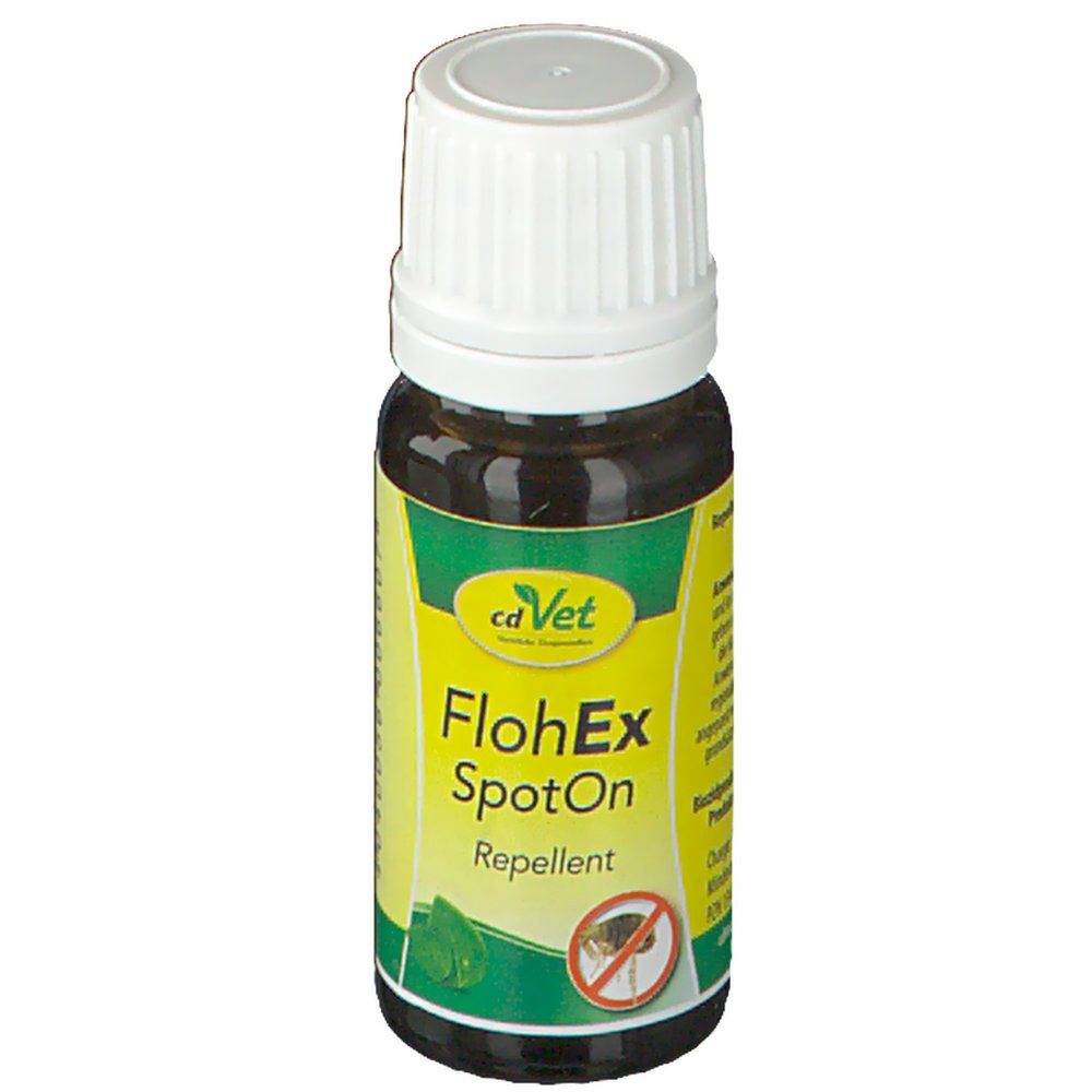 Braune Flasche mit weißem Deckel. Aufkleber mit Produktnamen FlohEx SpotOn und Logo.