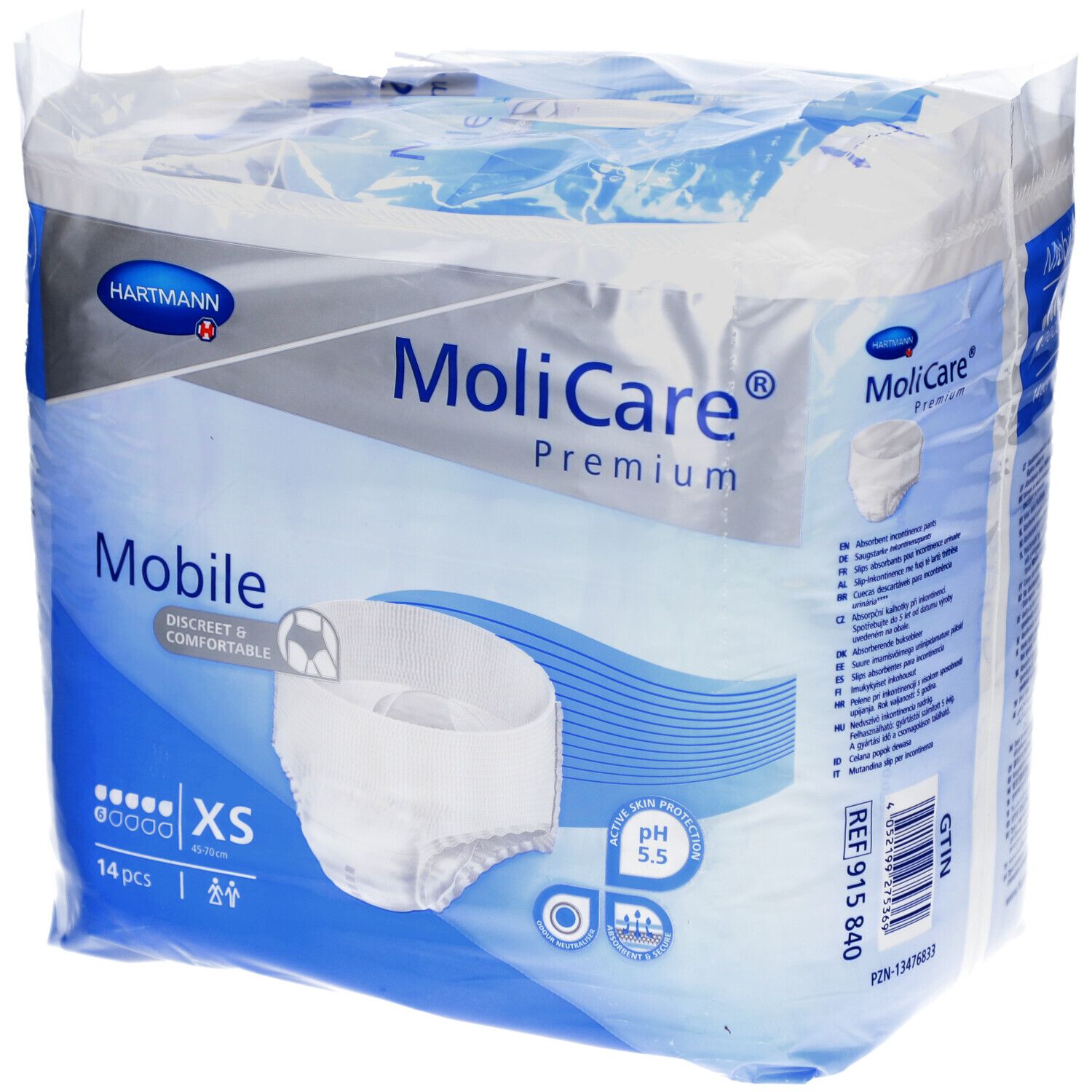 Verpackung MoliCare Premium Mobile XS. Marke Hartmann. 14 Stück. XS-Größe. Diskret & komfortabel. pH 5,5. Produktabbildung.