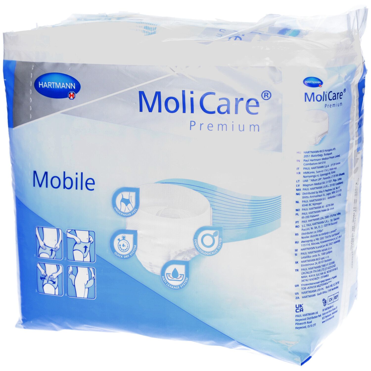Verpackung MoliCare Premium Mobile XS. Marke Hartmann. 14 Stück. XS-Größe. Piktogramme und Produktabbildung.